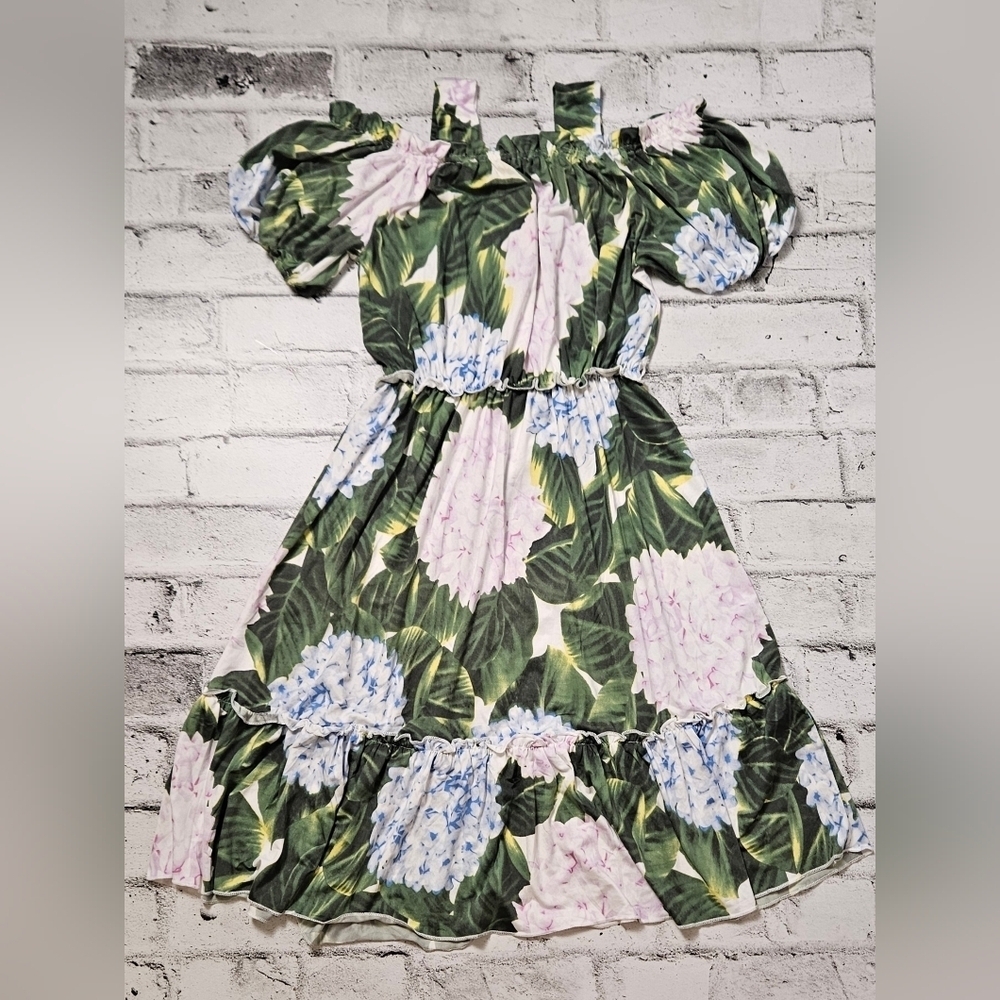 HQ Fashion Green Floral Hydrangea Dress Puff Sleeve Ruffle Hem L - Picture 9 of 12